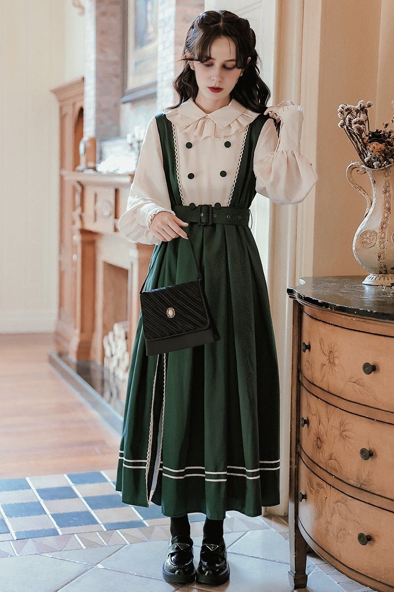 Retro Style Green Belted Dress