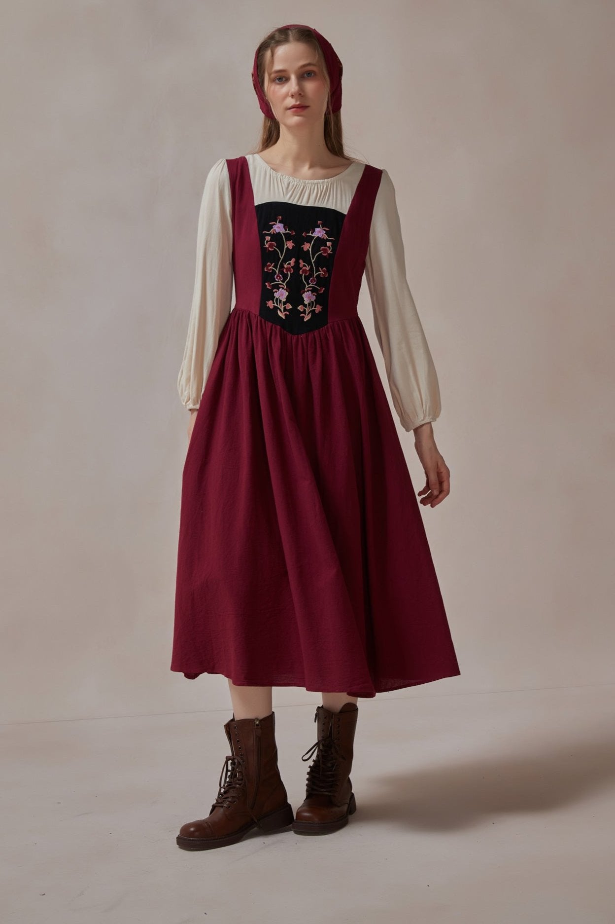Cottagecore Retro Floral Embroidered Maxi Dress With Kerchief