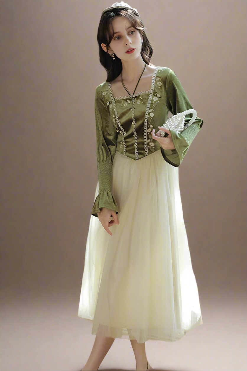 Vintage Embroidered Velvet Mesh Patchwork Dress
