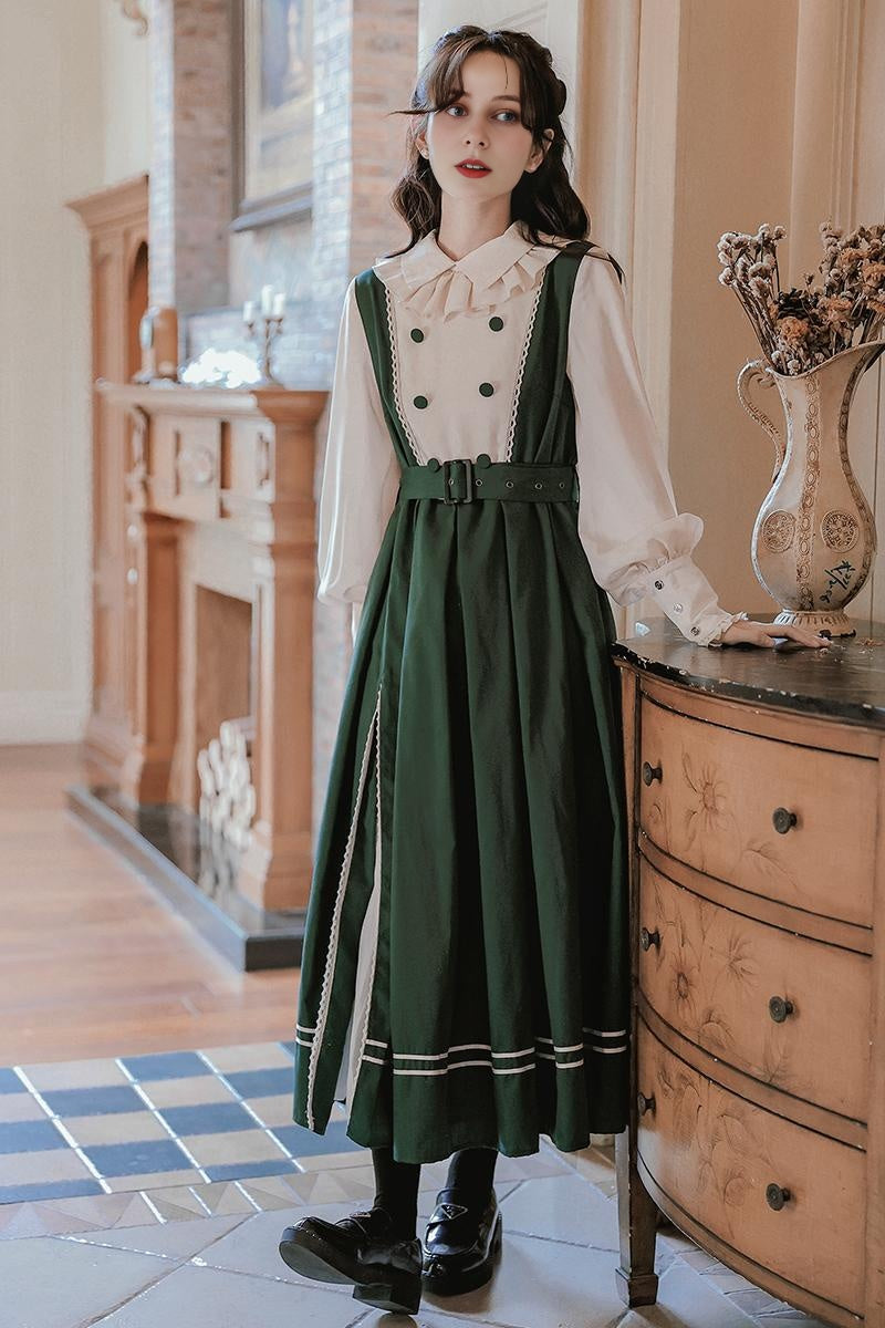 Retro Style Green Belted Dress
