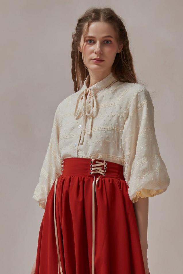 Retro Jacquard Puff sleeve Top