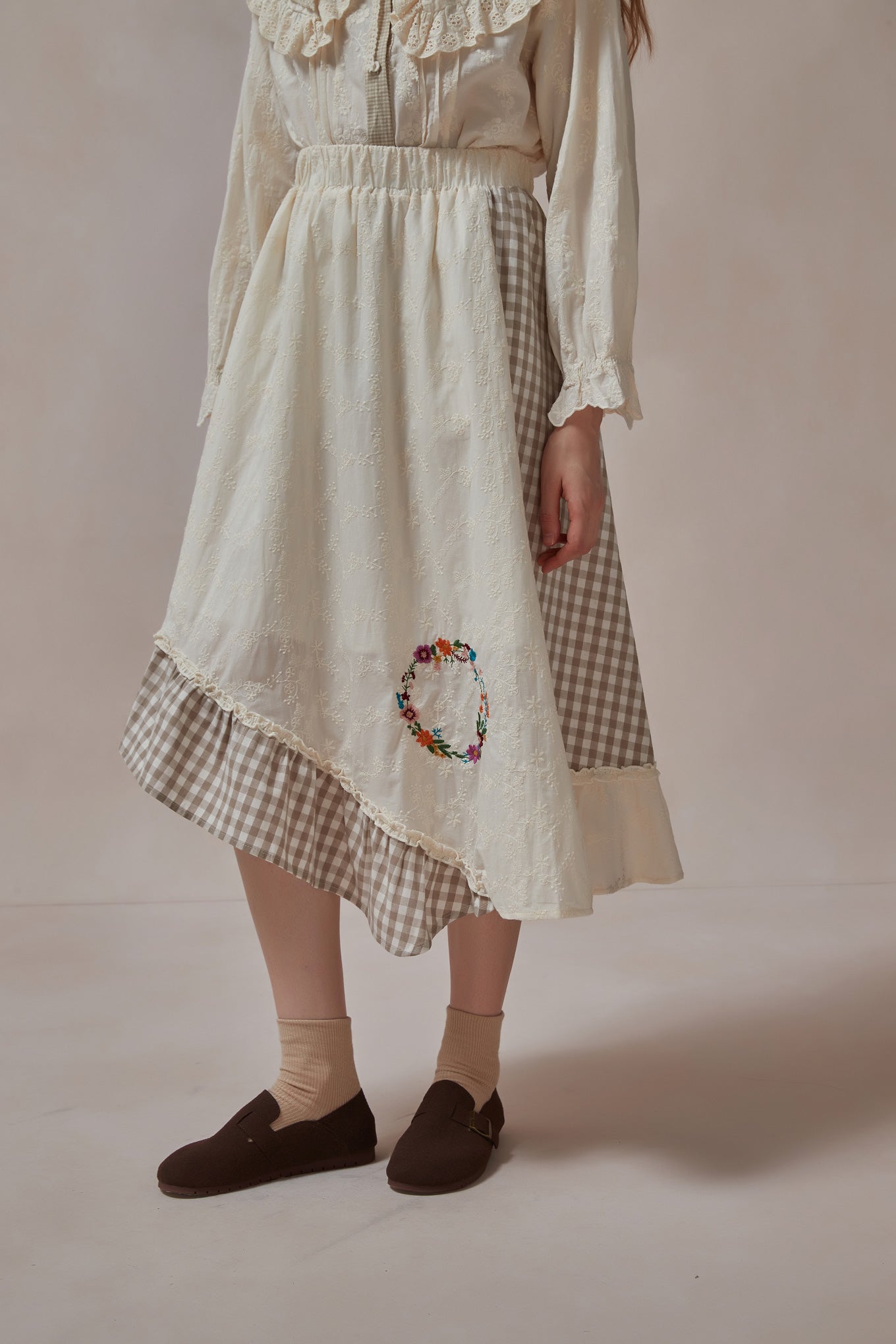 Cottagecore Cotton Embroidered Midi Skirt