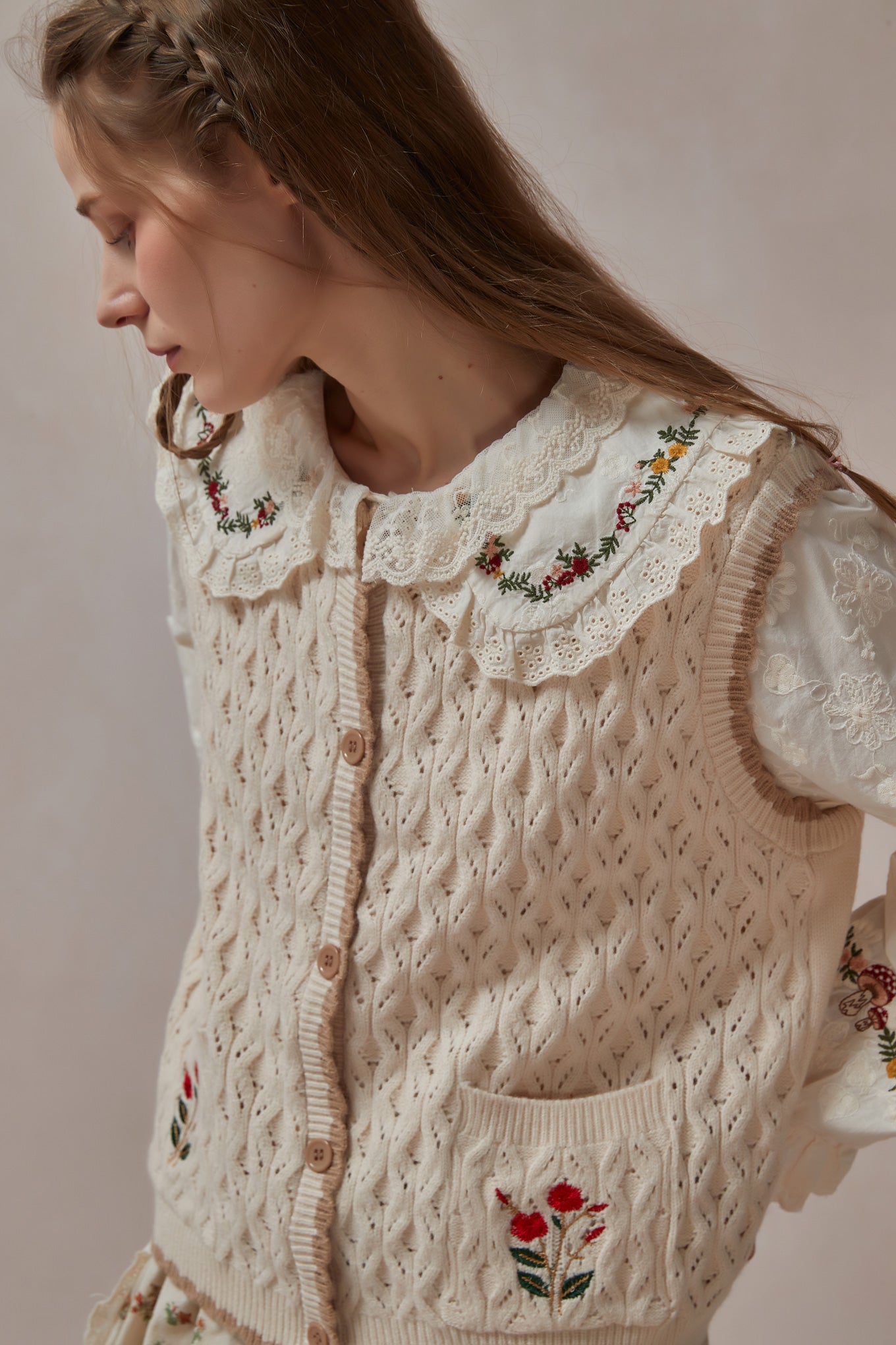 Mori Kei Embroidered Cable Knit Vest