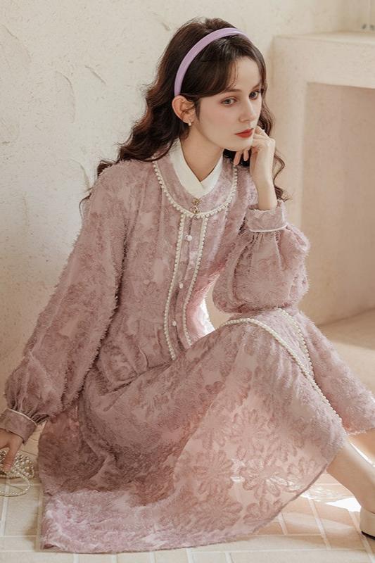 Fairycore Pink Jacquard Maxi Dress