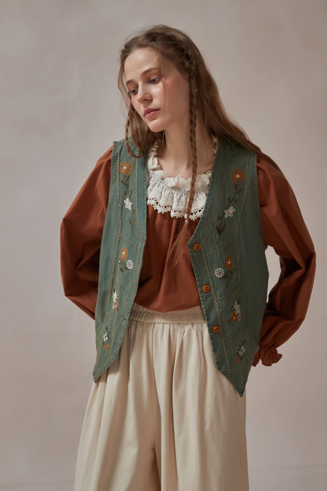 Cottagecore Embroidered Denim Vest Jacket